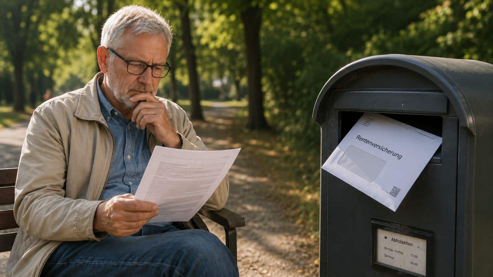 Rentner bei sonnigem Wetter im Park liest Post von der Rentenversicherung