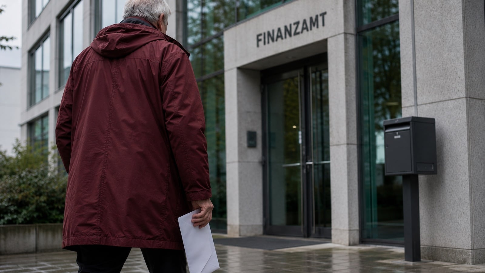Rentner nähert sich mit einem Brief dem Eingang eines Finanzamts zum Briefkasten.