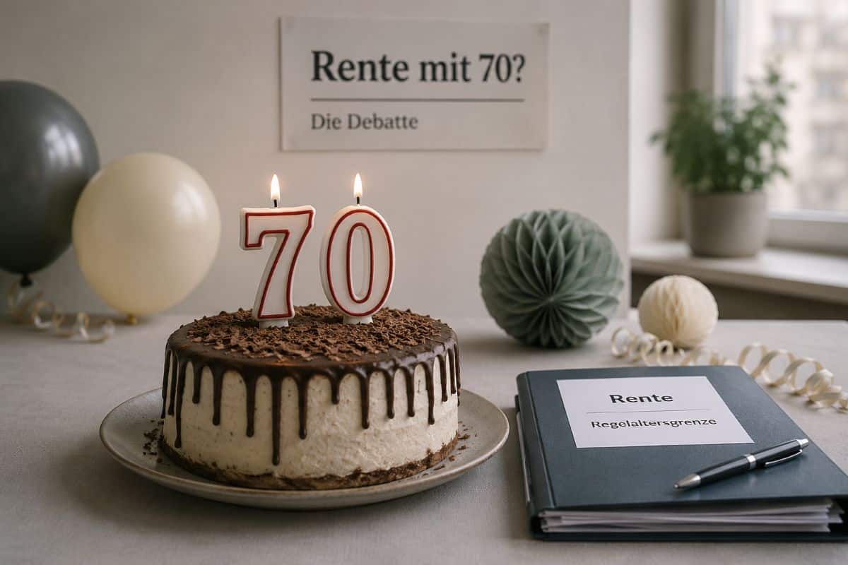 Torte mit großer 70 als Symbolbild für die Debatte um die Rente mit 70, daneben Rentenunterlagen und Rentenbescheid