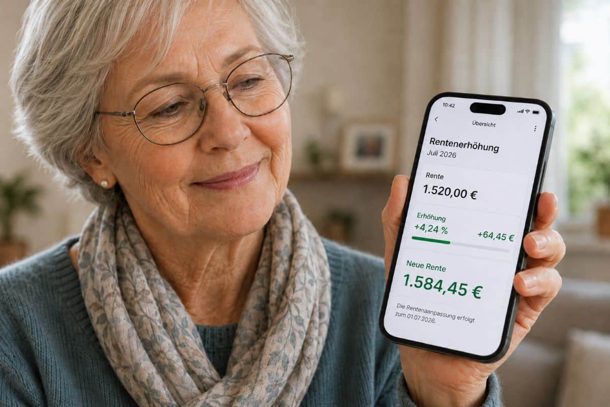 Zufriedene Rentnerin hält ihr Smartphone hoch und zeigt den neuen Bruttobetrag nach Rentenerhöhung im Juli 2026