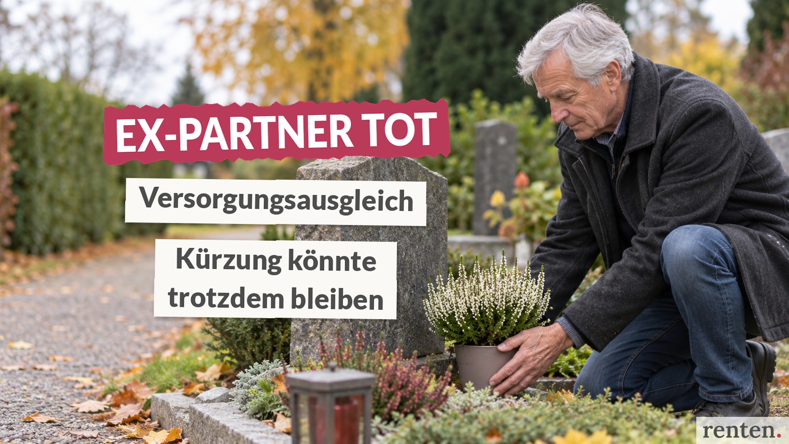 Älterer Mann stellt einen Blumentopf an einem Grab ab.