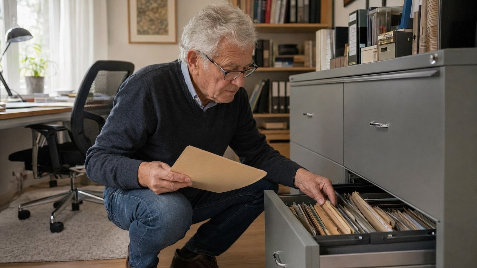 Rentner sucht in einem Aktenschrank nach alten Scheidungsunterlagen.