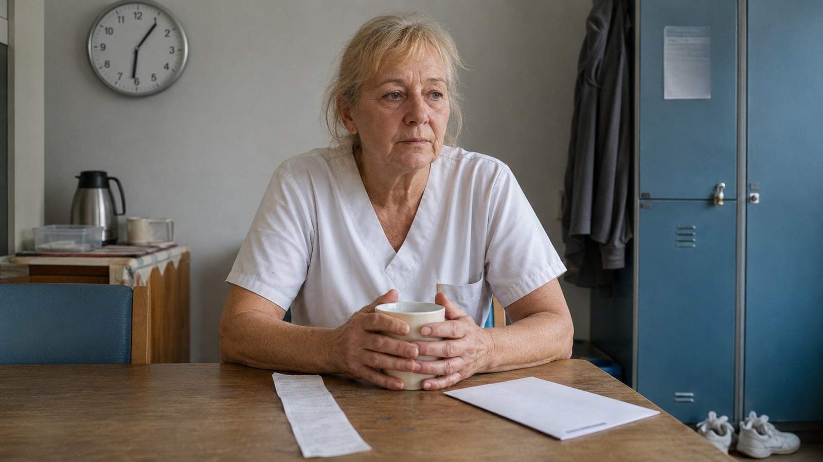 Erschöpfte ältere Pflegekraft nach der Nachtschicht neben Kassenbon und Rentenbrief