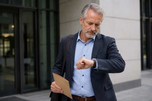 Mann um die 60 blickt vor einem Bürogebäude nachdenklich auf seine Uhr und hält Unterlagen zur Rente in der Hand