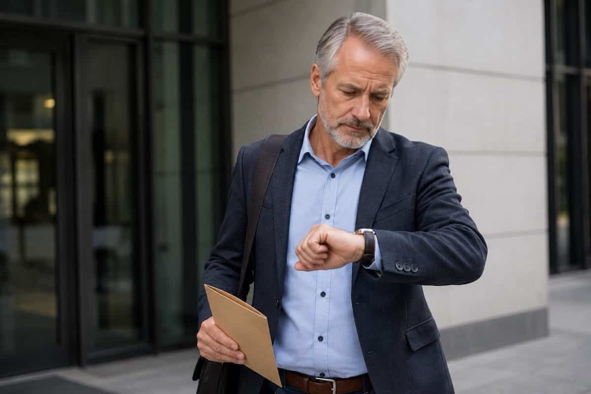 Mann um die 60 blickt vor einem Bürogebäude nachdenklich auf seine Uhr und hält Unterlagen zur Rente in der Hand