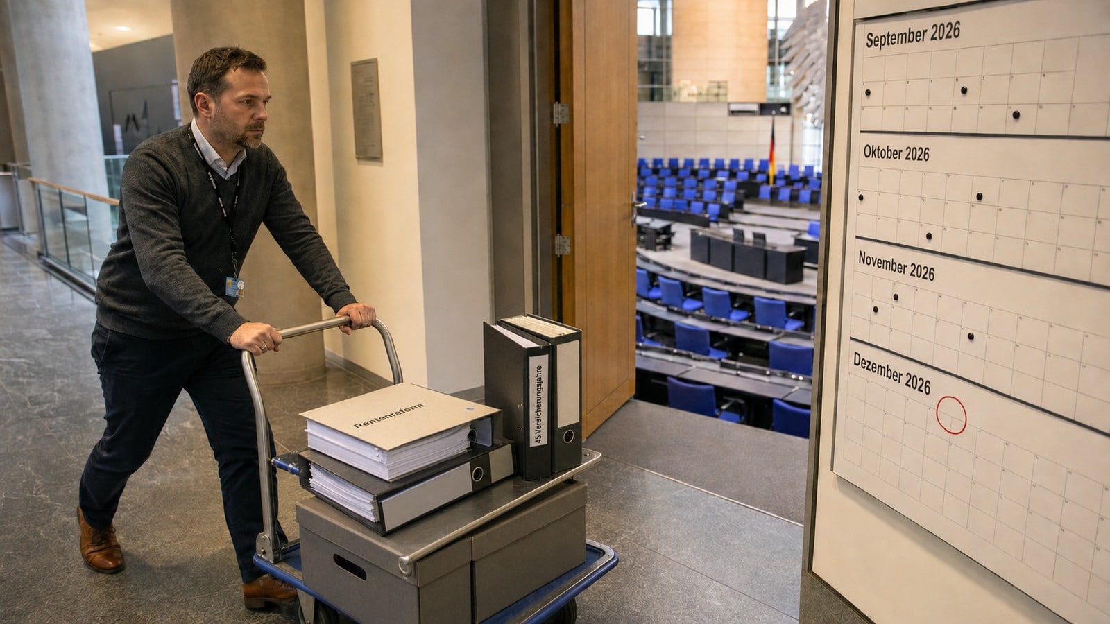 Mitarbeiter bringt Unterlagen zur Rentenreform vor Ablauf der Dezemberfrist in den Bundestag