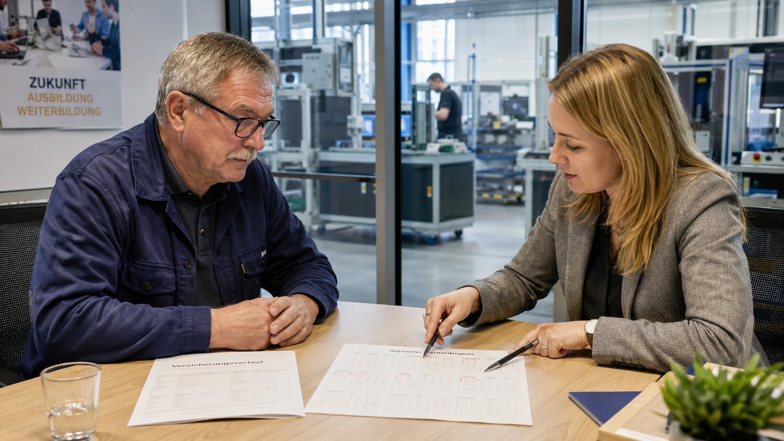 Beschäftigter prüft mit einer Personalmitarbeiterin mögliche Übergangsfristen vor dem Rentenbeginn