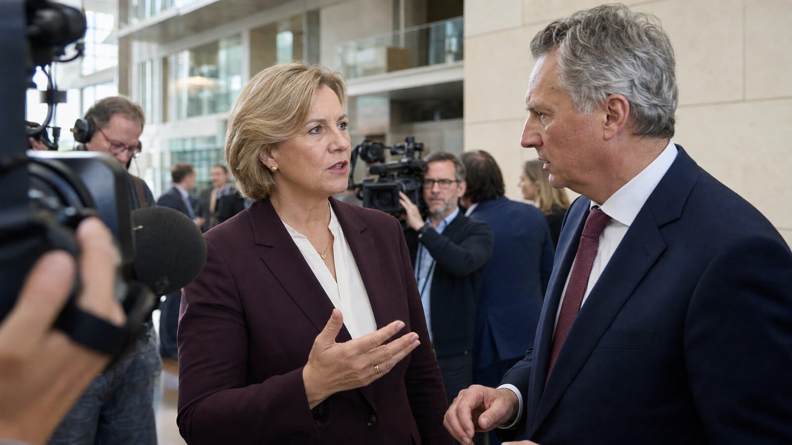 Landespolitikerin spricht in einem hellen Parlamentsfoyer mit einem Politiker, während Reporter das Gespräch begleiten.