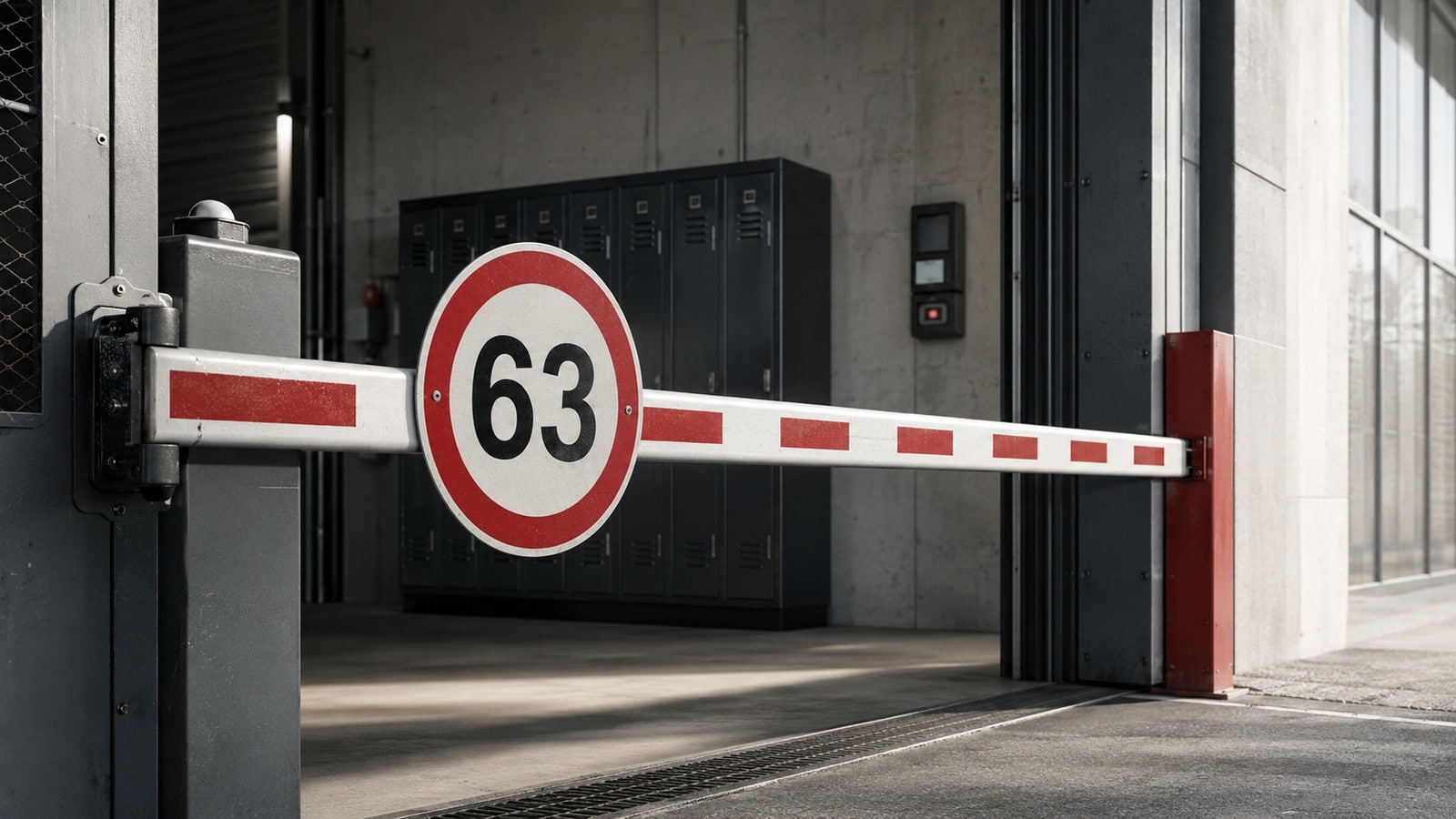 Eine rot-weiße Schranke mit der Zahl 63 blockiert den Ausgang einer Werkhalle.