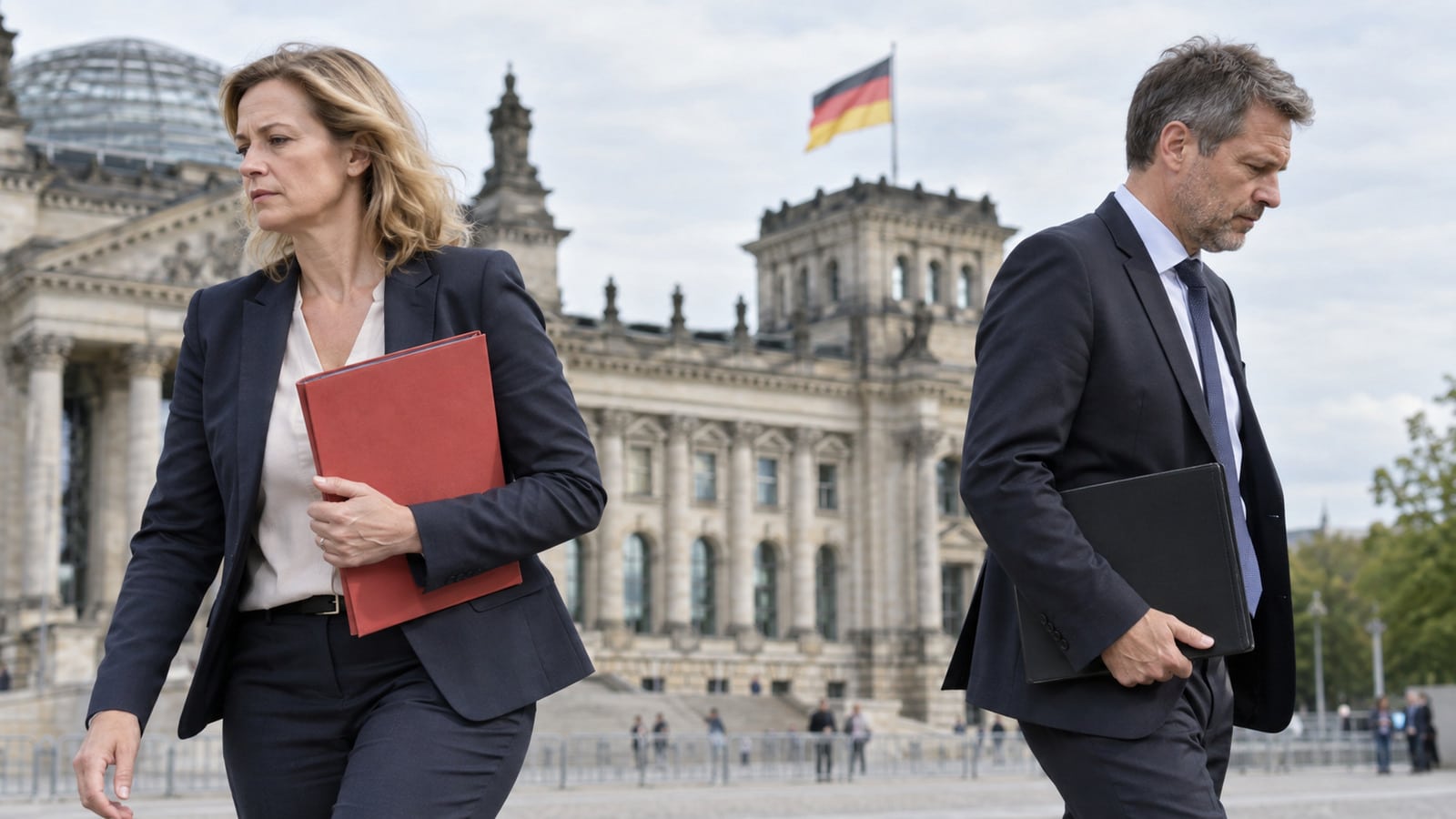Zwei Politiker gehen vor dem Reichstag in entgegengesetzte Richtungen
