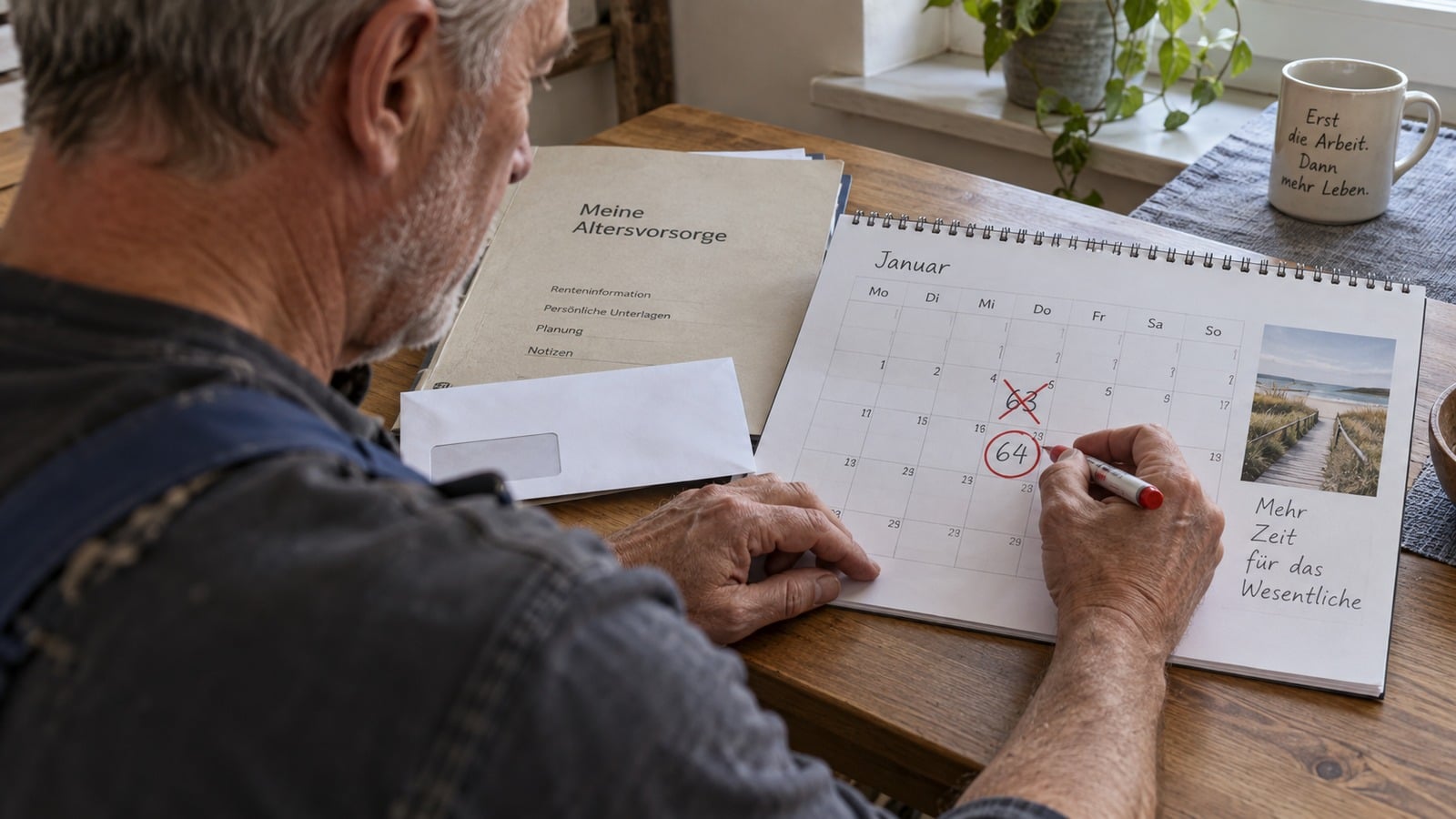 Versicherter markiert in seinem Rentenkalender den Wechsel von 63 auf 64 Jahre