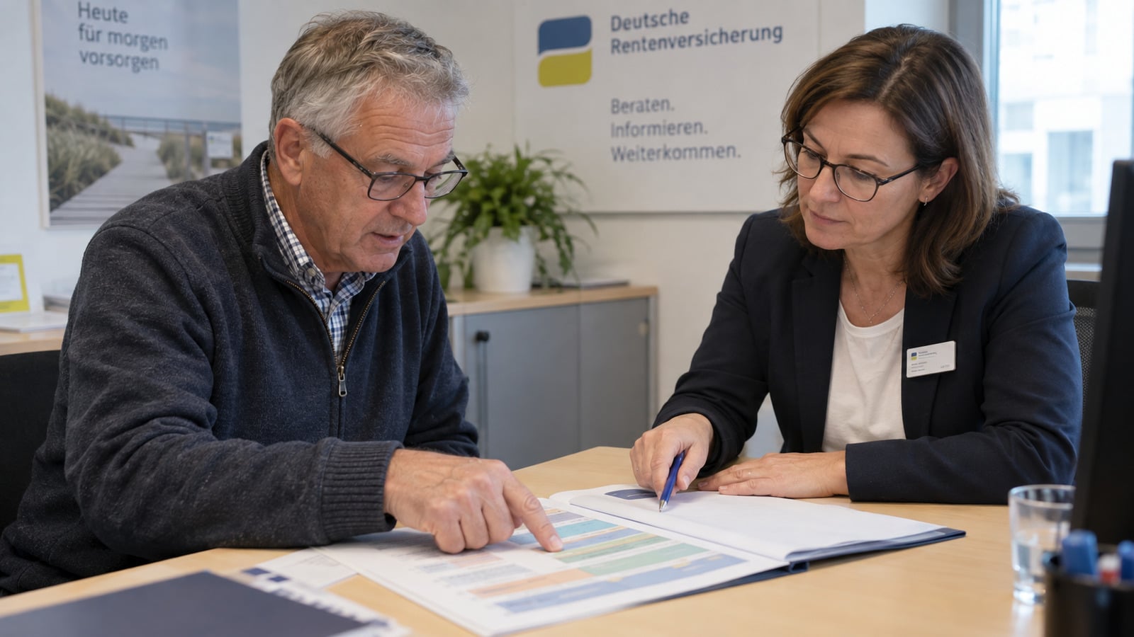 Beschäftigter prüft mit Rentenberater verschiedene Versicherungszeiten im Versicherungsverlauf