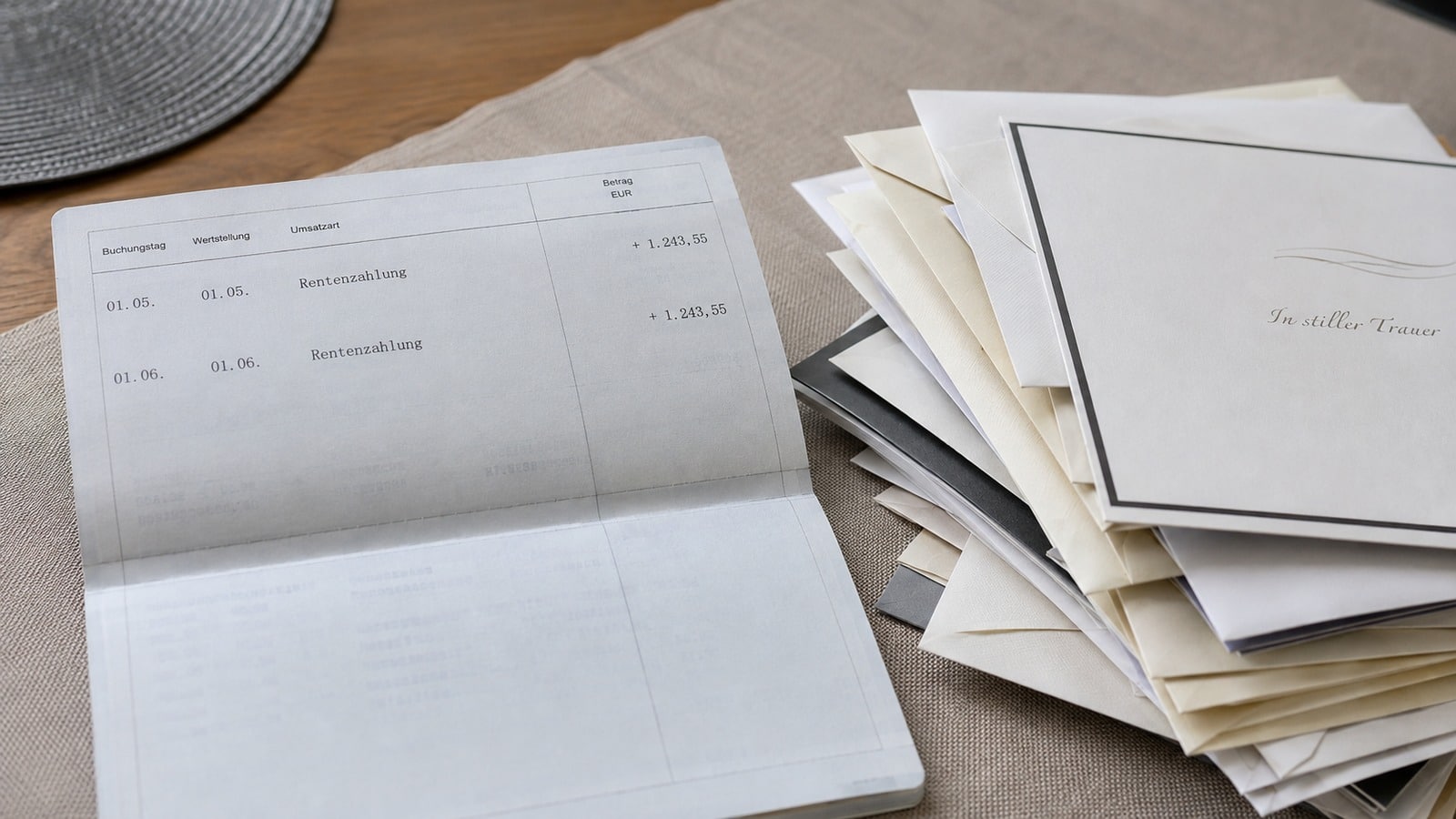 Papierkontoauszug mit zwei Rentenzahlungen neben einem Stapel Trauerkarten