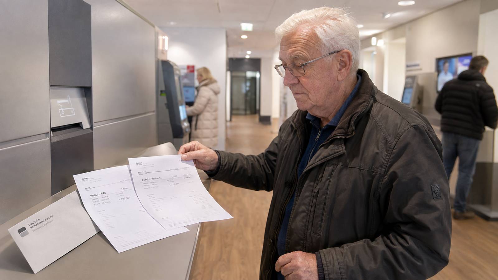 Rentner prüft einen Kontoauszug mit abgezweigtem Teil seiner Rentenzahlung