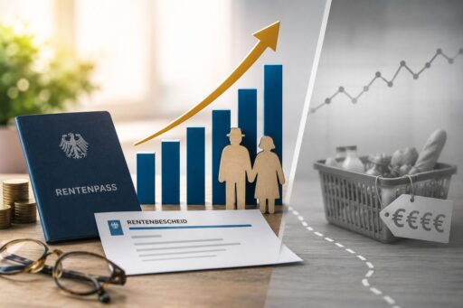 Rentnerpass und Diagramm zur Lohnentwicklung. Zusätzlich Entwicklung der Inflation mit Einkaufswagen monochrom