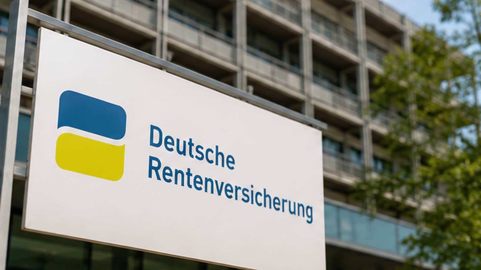 Gebäudeschild der Deutschen Rentenversicherung vor einem modernen Verwaltungsgebäude.