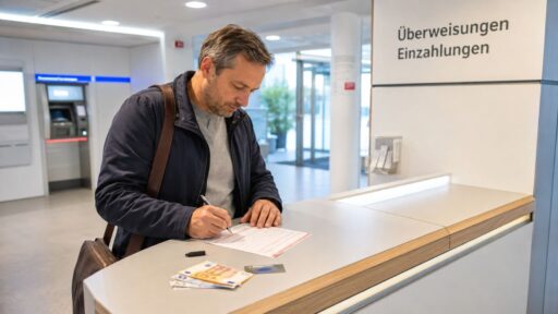 Mann füllt in einer Bankfiliale ein Überweisungsformular für eine Sonderzahlung zur Rente aus