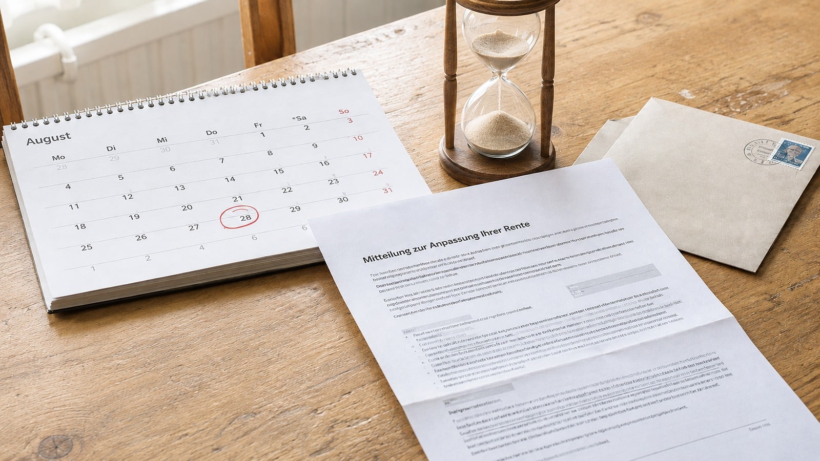 Rentenanpassungsmitteilung neben markiertem August-Kalender und Briefumschlag