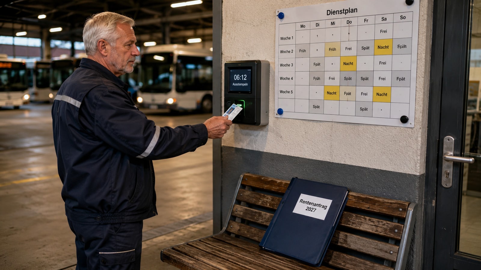 Busfahrer stempelt nach einer Nachtschicht in seinen letzten Arbeitsmonaten vor der Rente aus