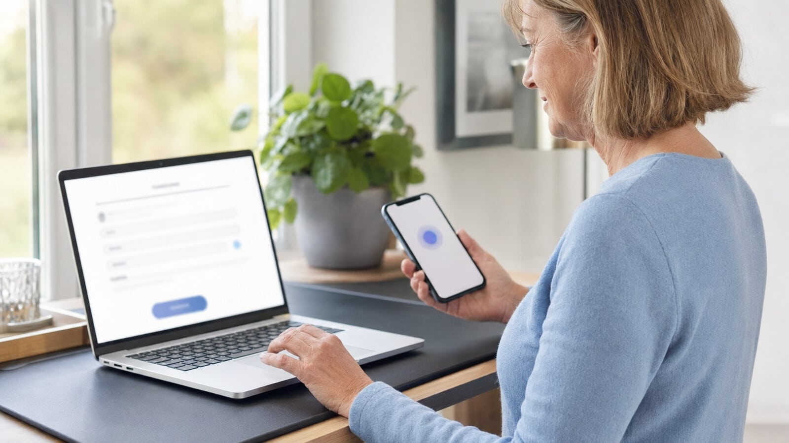 Am Laptop bestätigt eine Frau den Online-Rentenantrag mit ihrem Smartphone.