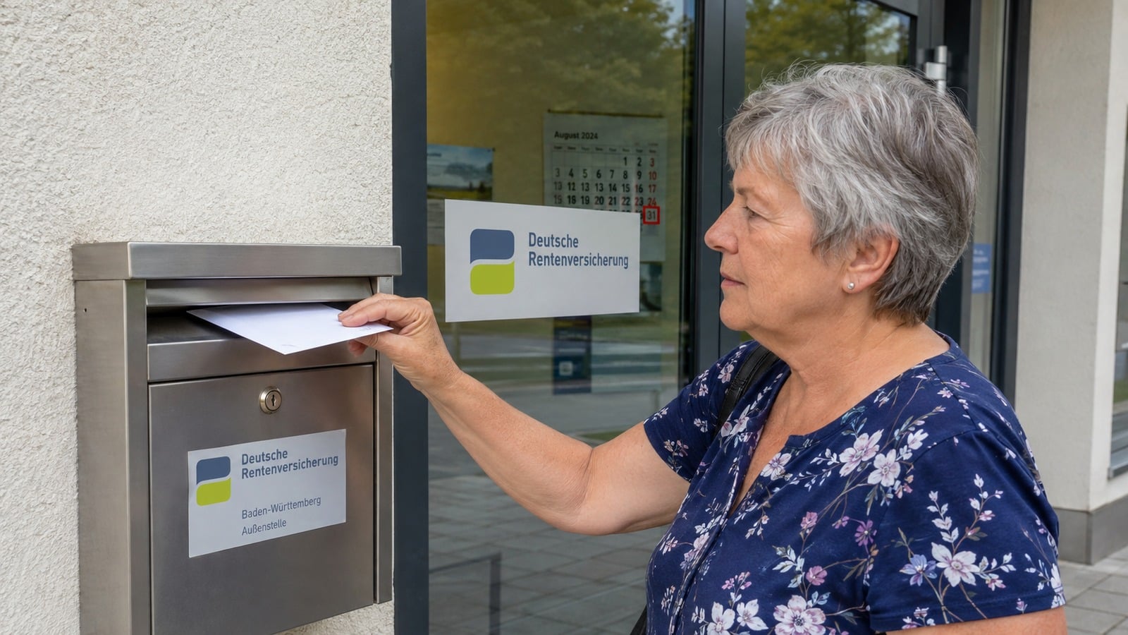 Frau wirft am 31. August einen Rentenantrag in den Briefkasten einer Rentenversicherungsstelle