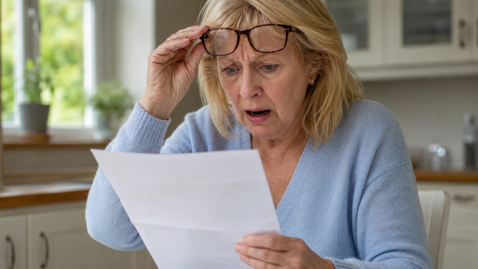 Blonde Frau Anfang 60 hebt erschrocken ihre Brille an und liest ungläubig ein Schreiben.