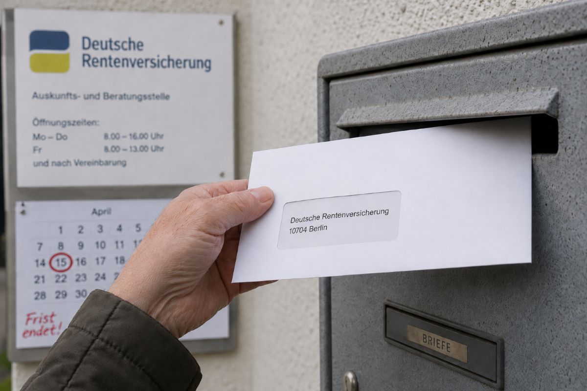 Ältere Hand steckt Briefumschlag mit Rentenantrag an die Deutsche Rentenversicherung in einen Briefkasten