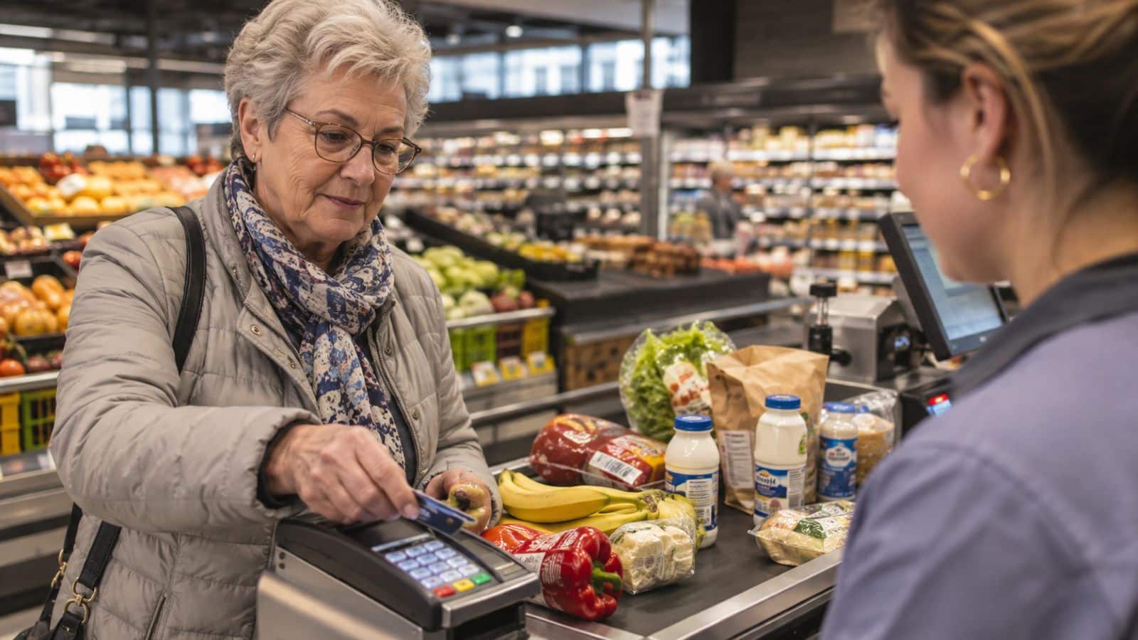 Rentnerin zahlt ihren Einkauf im Supermarkt mit der Karte am Terminal.