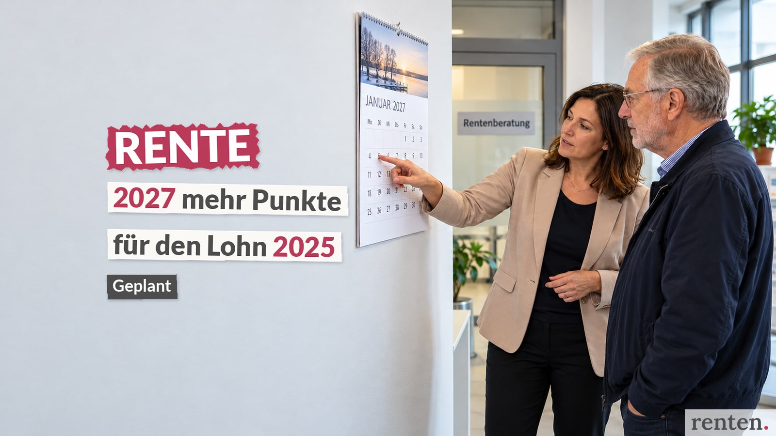 Beschäftigter bespricht seinen Rentenbeginn mit einer Beraterin am Kalender für Januar 2027.
