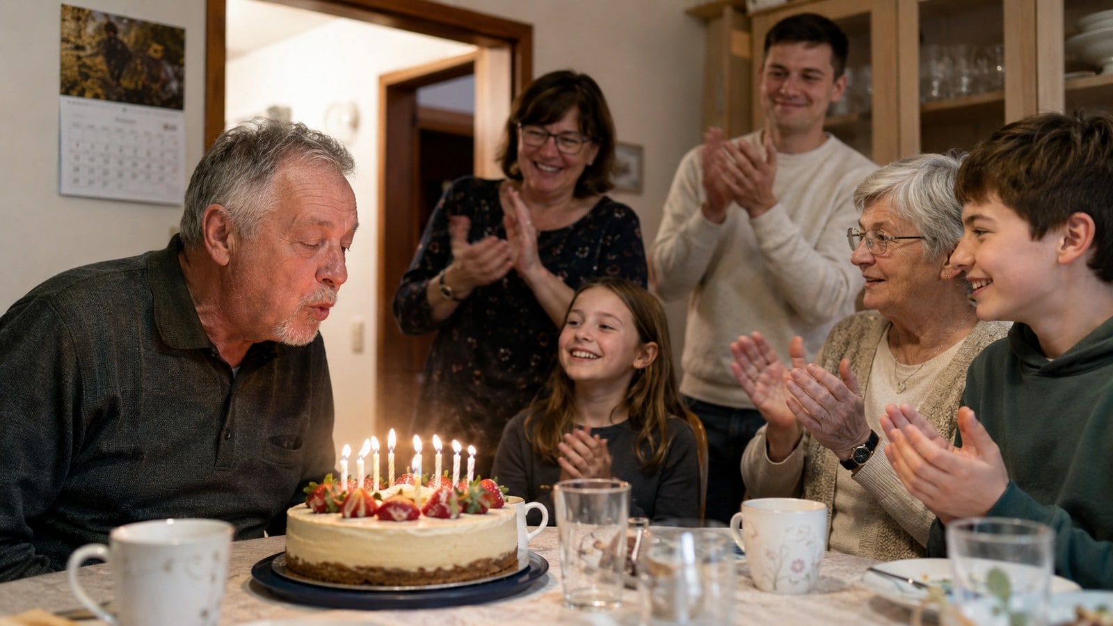 Mann bläst an seinem Geburtstag Kerzen auf einer Torte aus, während seine Familie applaudiert