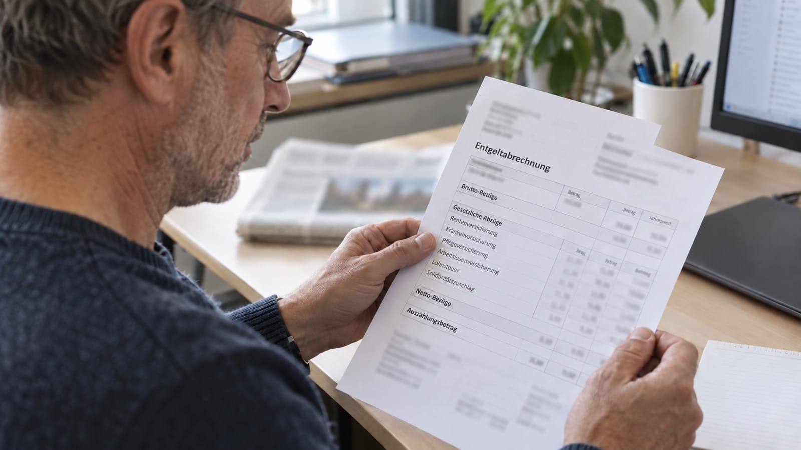 Arbeitnehmer prüft Rentenversicherungsbeitrag auf seiner Lohnabrechnung