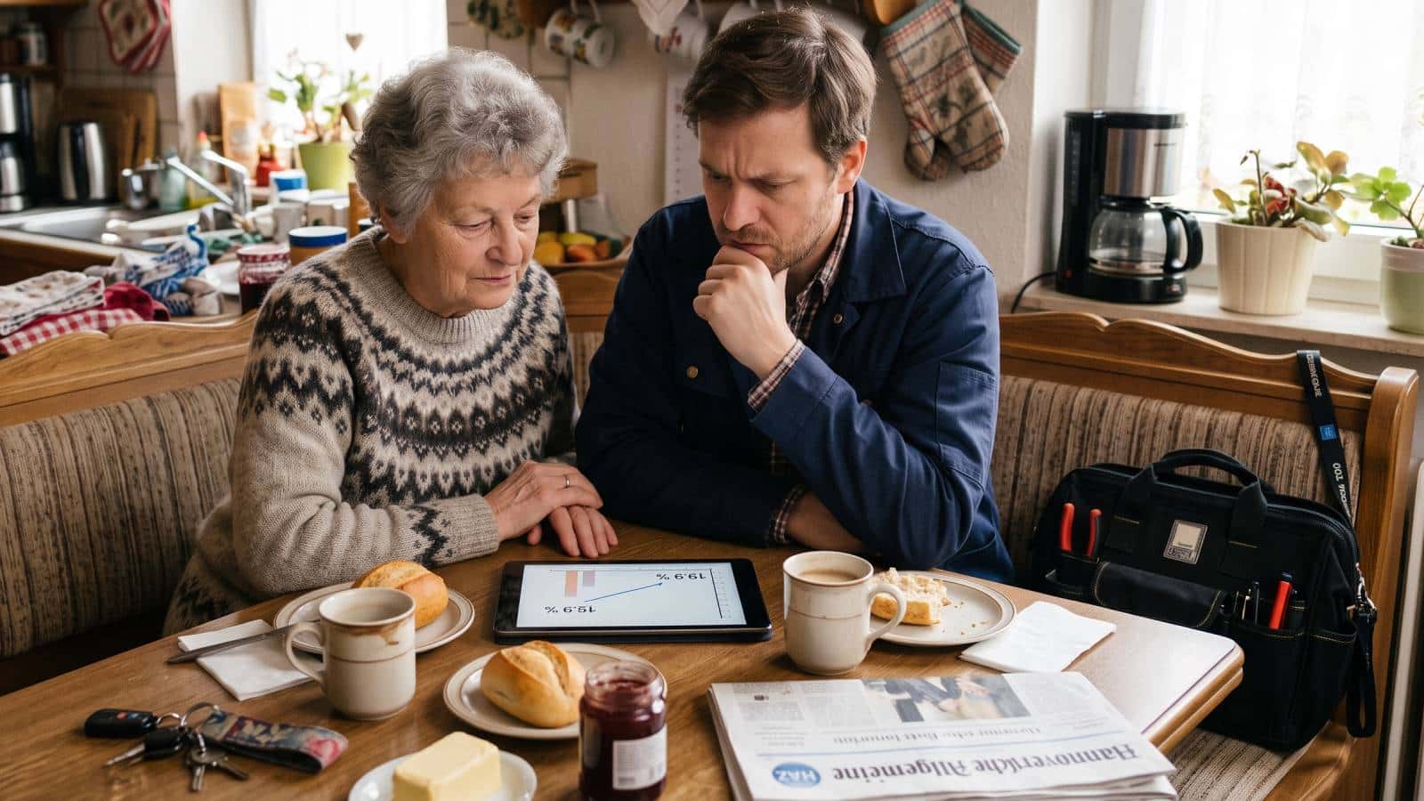 Rentnerin und berufstätiger Sohn reagieren unterschiedlich auf den steigenden Rentenbeitrag