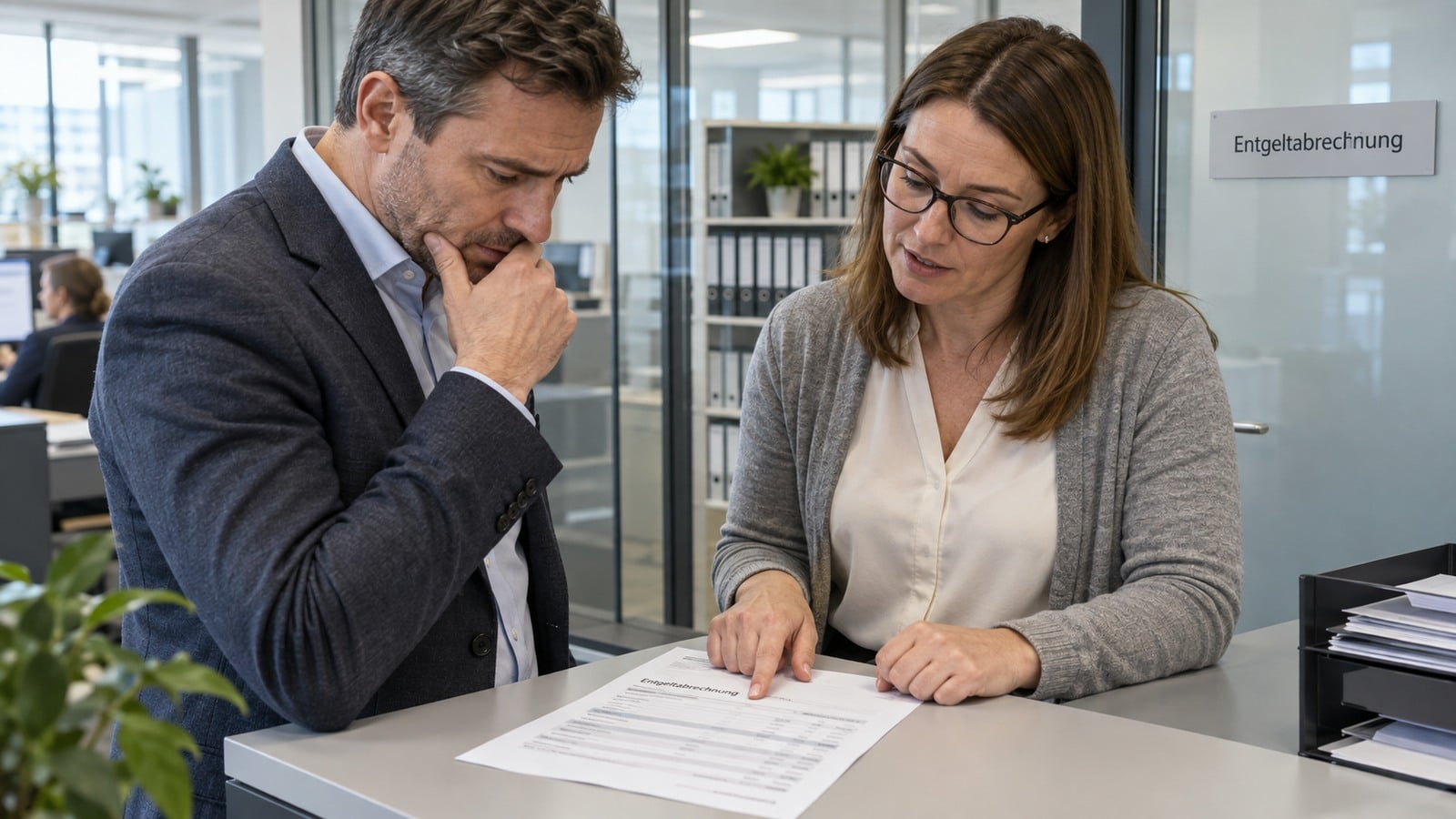 Beschäftigter bespricht seine Gehaltsabrechnung in der Personalabteilung