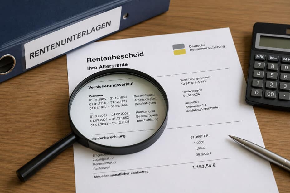 Lupe prüft den Versicherungsverlauf in einem Rentenbescheid neben Rentenunterlagen und Taschenrechner