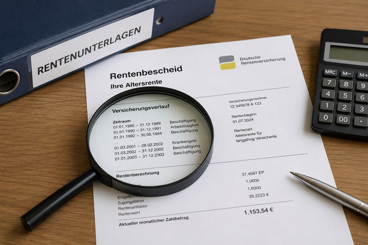 Lupe prüft den Versicherungsverlauf in einem Rentenbescheid neben Rentenunterlagen und Taschenrechner