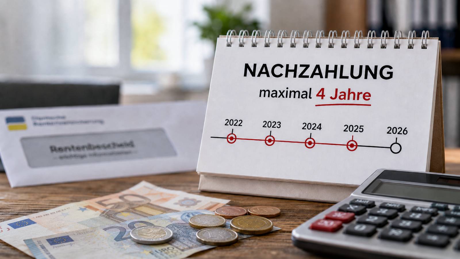 Kalender zeigt die auf vier Jahre begrenzte Nachzahlung bei einem fehlerhaften Rentenbescheid.