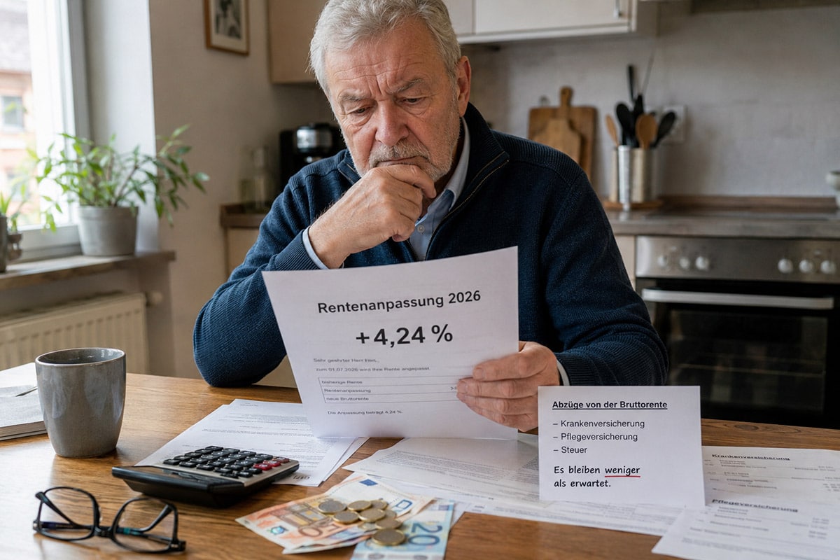 Rentner liest seinen Rentenbescheid nach Erhöhung 2026 und wundert sich über die Abzüge