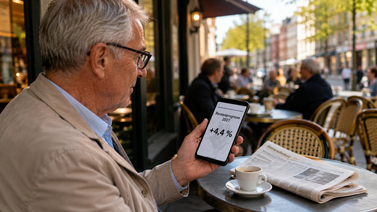 Rentner liest auf dem Smartphone eine Prognose zur Rentenerhöhung 2027 von 4,4 Prozent