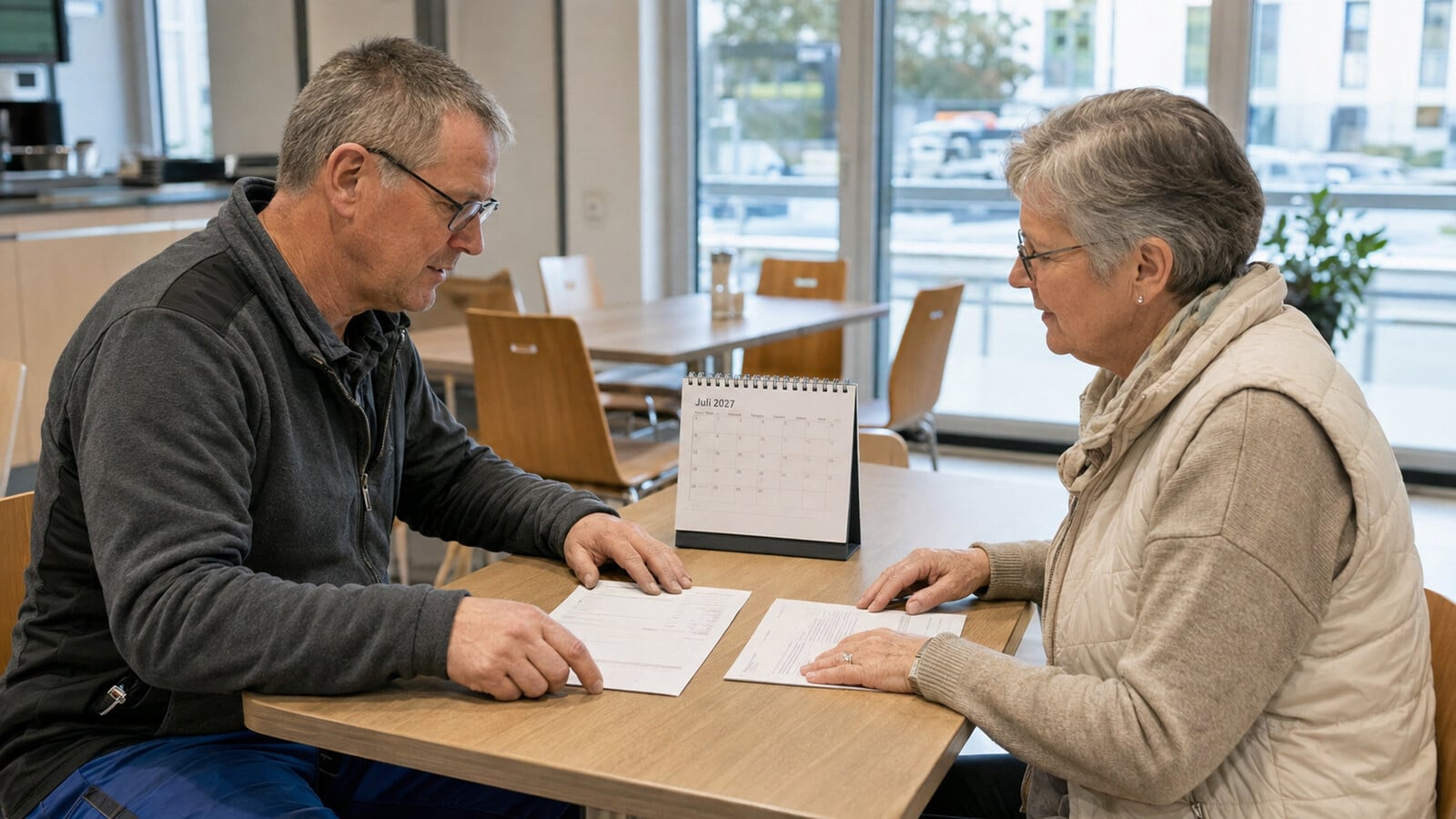 Beschäftigter und Rentnerin vergleichen Lohnabrechnung und Rentenmitteilung