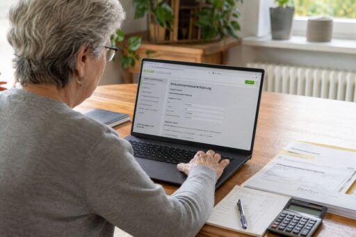 Rentnerin am Rechner gibt erstmalig eine Steuererklärung digital über Elster ab