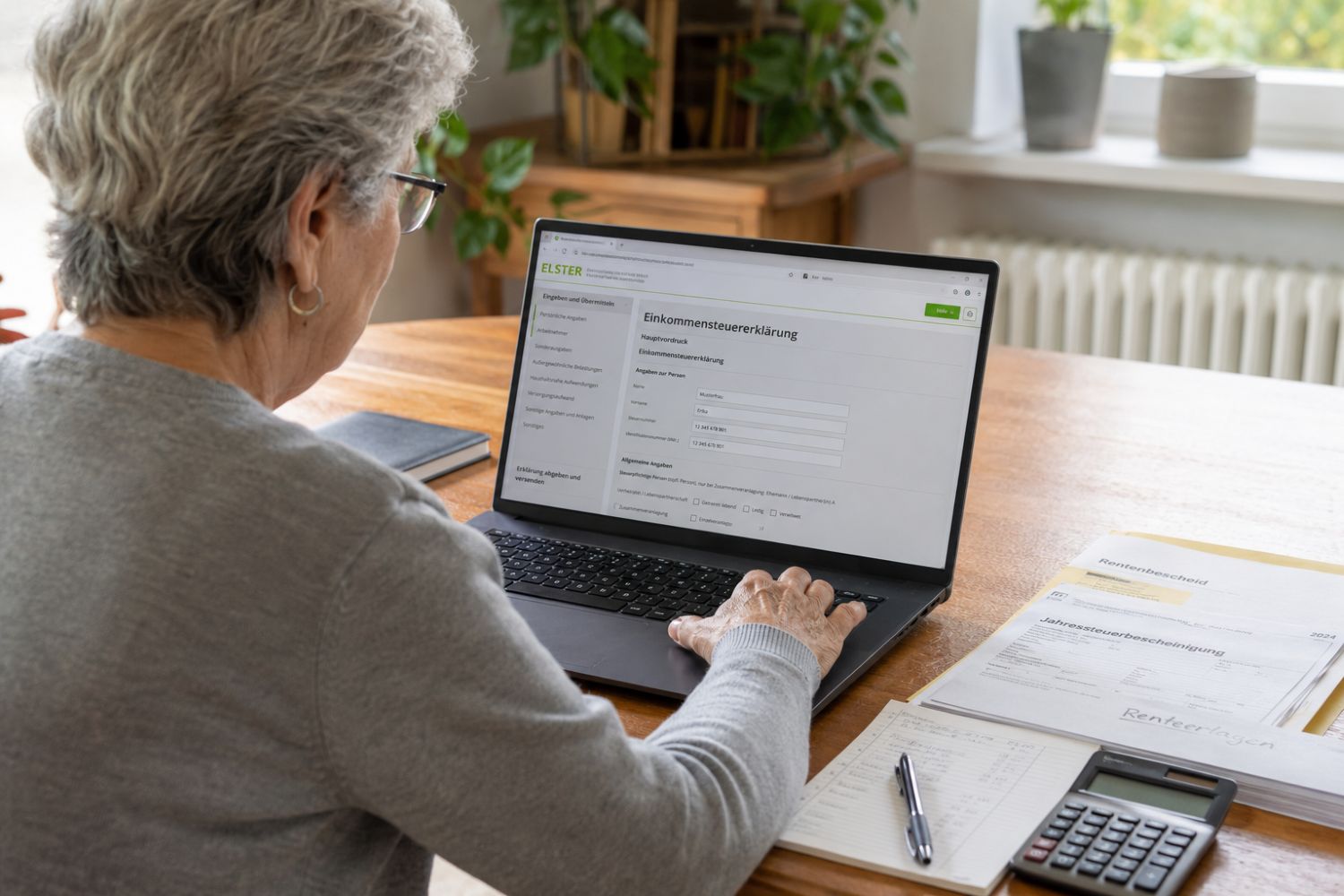 Rentnerin am Rechner gibt erstmalig eine Steuererklärung digital über Elster ab