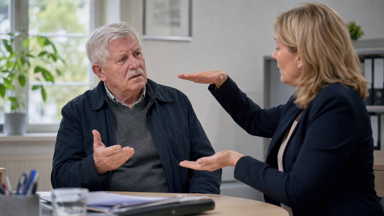 Älterer Mann sitzt in einer Beratung und spricht mit einer Beraterin über eine unveränderte Rentenzahlung trotz Rentenerhöhung.