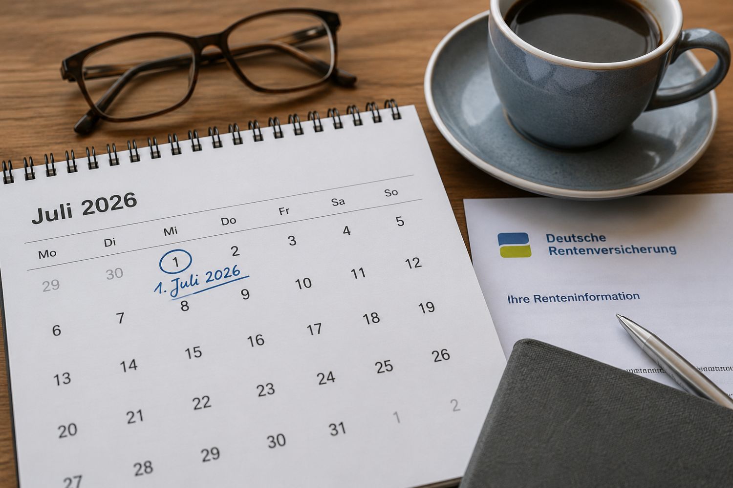 Renteninformation der DRV zusammen mit einem Kalender 2026, bei dem der 1. Juli markiert ist