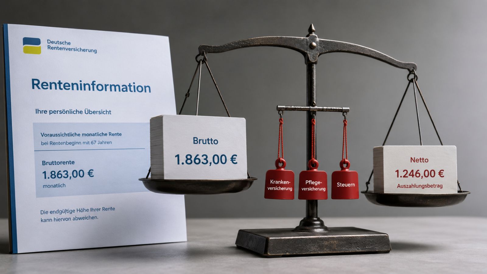 Renteninformation mit Waage, Brutto- und Nettorente sowie Abzügen für Krankenversicherung, Pflegeversicherung und Steuern
