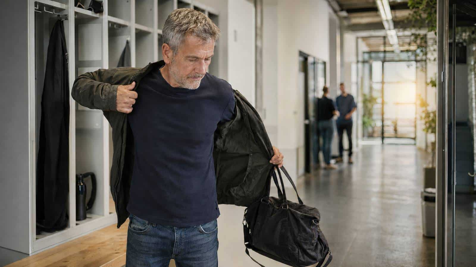 Ein älterer Beschäftigter zieht nach der Arbeit seine Jacke in einem modernen Umkleideraum an.