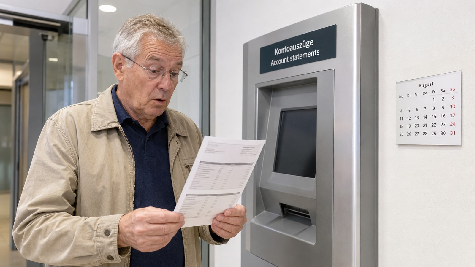 Rentner prüft am Kontoauszugsdrucker eine Rentennachzahlung mit zusätzlicher Gutschrift
