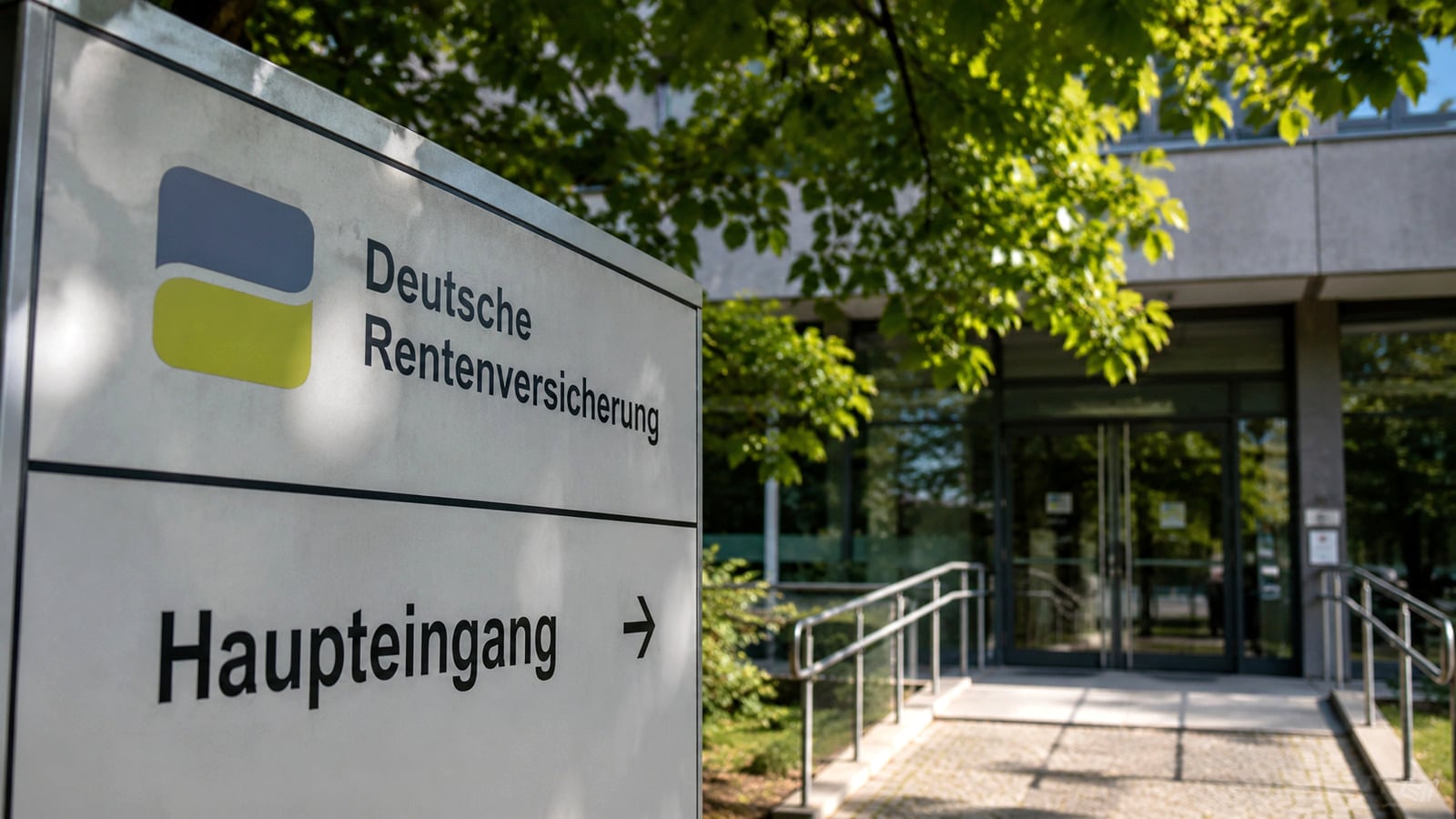 Wegweiser der Deutschen Rentenversicherung vor einem Verwaltungsgebäude zur Bearbeitung von Rentenanträgen