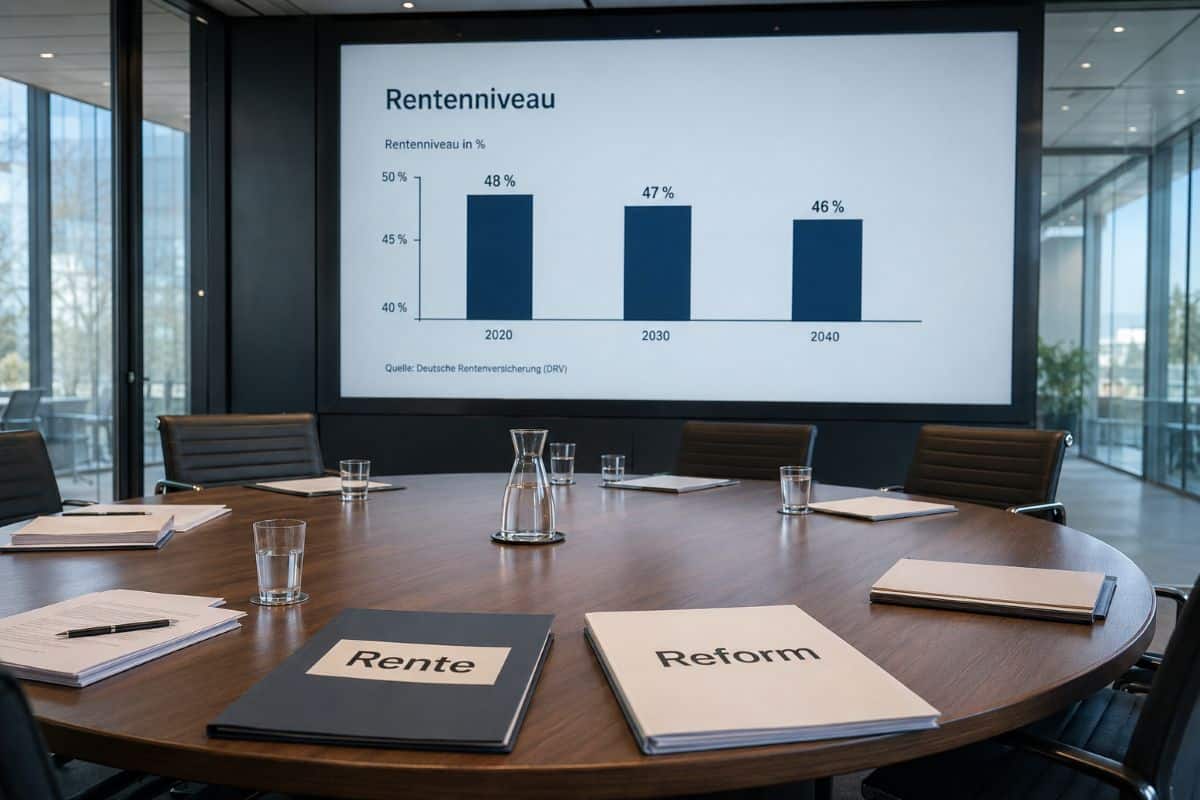 Konferenzraum mit Präsentation zum Rentenniveau, Balkendiagramm zur Entwicklung der Rente und Unterlagen zur Rentenreform auf dem Tisch