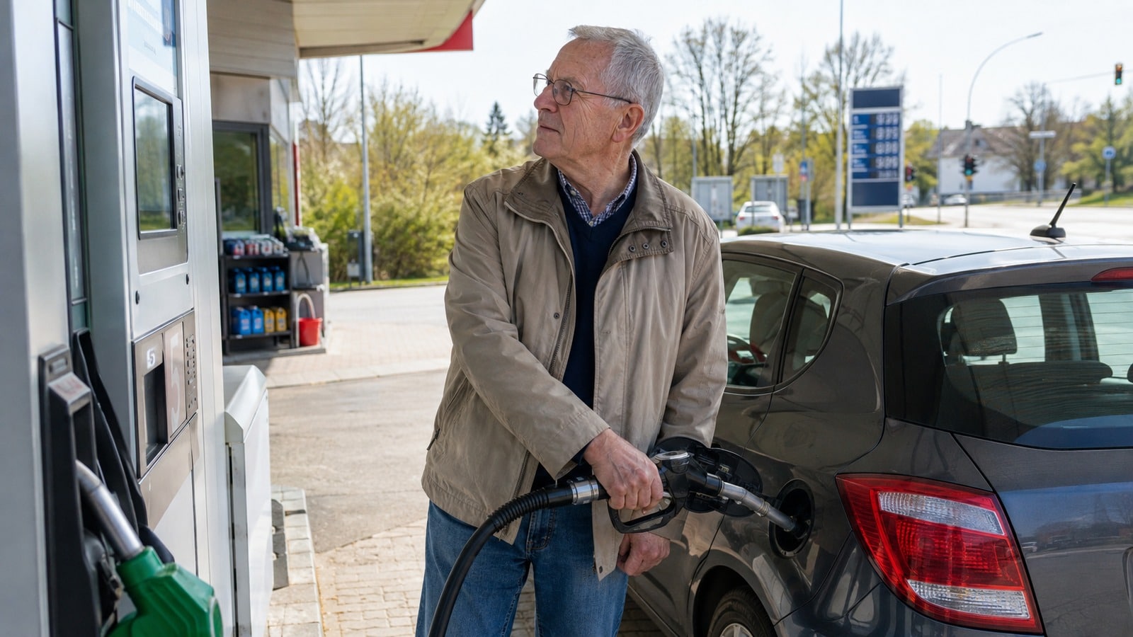 Älterer Mann tankt an einer deutschen Tankstelle als Motiv zu Rentenplus und Inflation