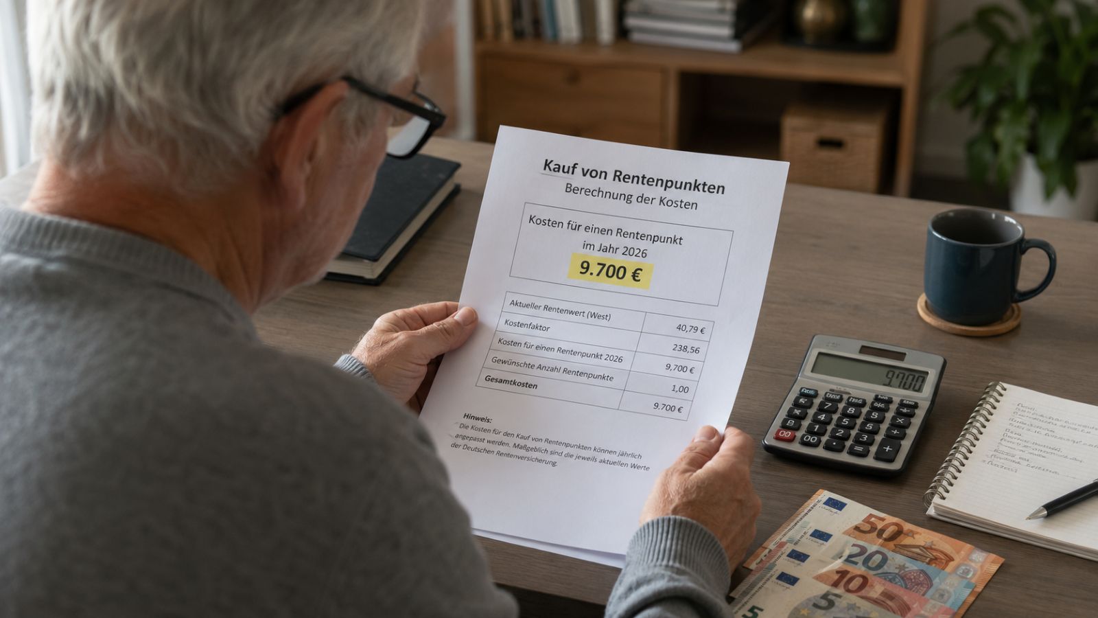 Rentner liest Abrechnung über 9.700 Euro für Kauf eines Rentenpunktes in 2026